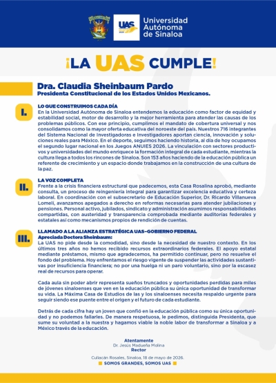 Atenta solicitud de la UAS a la Presidenta de la Rep&uacute;blica, Dra. Claudia Sheinbaum Pardo