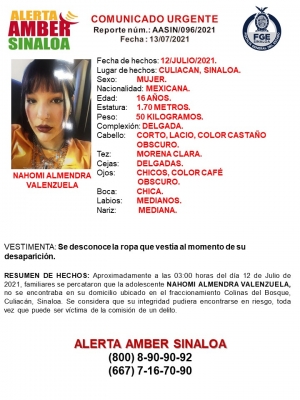 Alerta Amber por desaparici&oacute;n de Nahomi Almendra de 16 a&ntilde;os de edad en Culiac&aacute;n