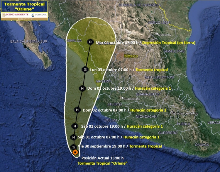 Amanecer&aacute; &ldquo;Orlene&rdquo; el s&aacute;bado convertido en hurac&aacute;n categor&iacute;a 1