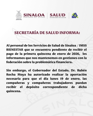 El pr&oacute;ximo lunes 19 de enero el personal del IMSS Bienestar recibir&aacute; el pago de la primera quincena: SSS