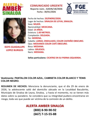 Desaparece Issys Guadalupe en Sinaloa de Leyva; tiene 14 a&ntilde;os y fue vista por &uacute;ltima vez en Bacubirito