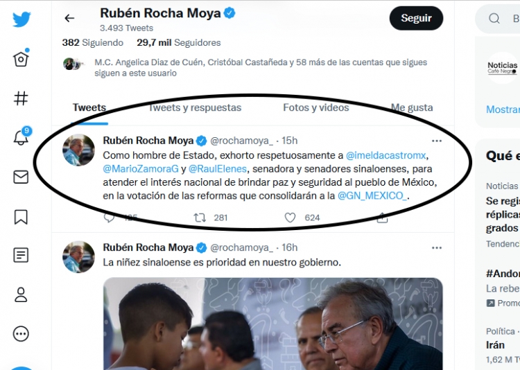 Critica el PAN presiones de Rocha y Quirino para que senadores voten hoy a favor del Ej&eacute;rcito en las calles