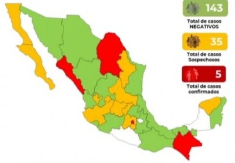 Se mantienen los cinco casos de Coronavirus en M&eacute;xico; hay 35 sospechosos