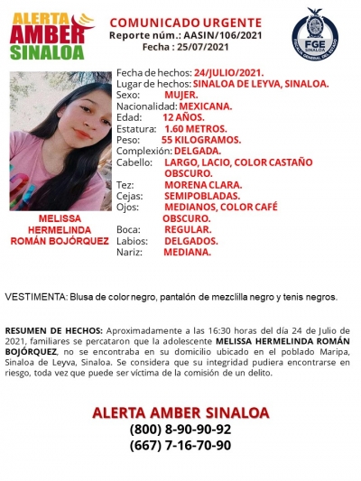 La FGE activ&oacute; la Alerta Amber por desaparici&oacute;n de una menor de 12 a&ntilde;os de edad