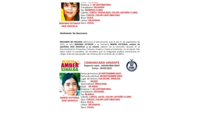 Activan Alerta Amber para la localizaci&oacute;n de los hermanos Mar&iacute;a Victoria y M&aacute;ximo Octavio, que desaparecieron en Culiac&aacute;n