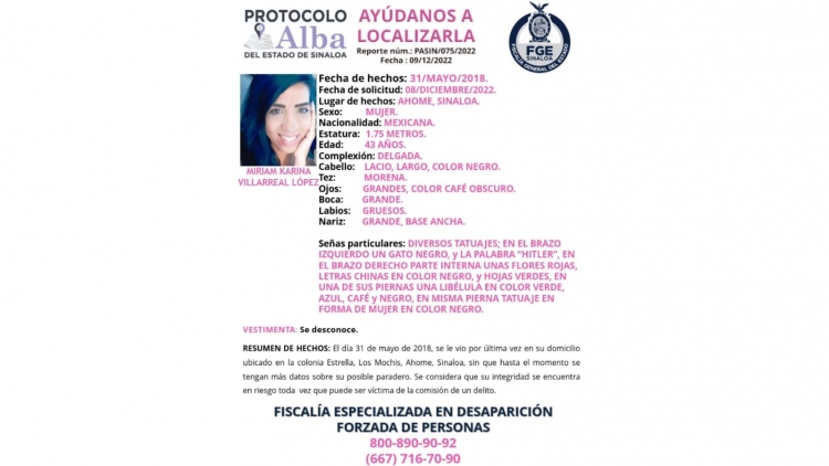 Se activ&oacute; el Protocolo Alba para la localizaci&oacute;n de Miriam Karina de 43 a&ntilde;os de edad