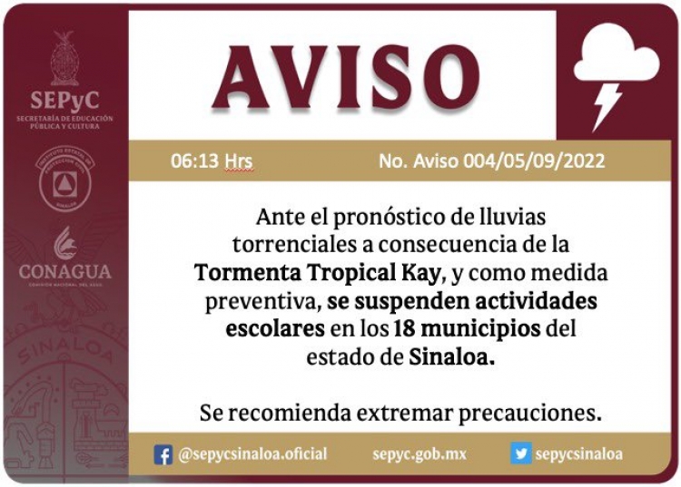 SEPyC suspende clases este lunes 5 de septiembre, por &ldquo;Kay&rdquo;