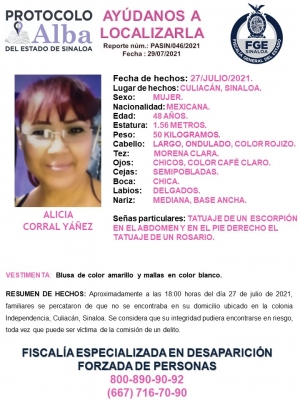 La FGE activ&oacute; el Protocolo Alba por desaparici&oacute;n de una mujer en Culiac&aacute;n