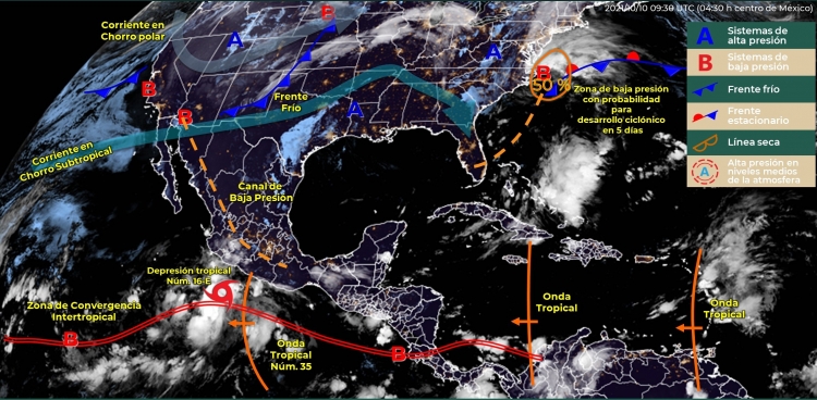 La depresi&oacute;n tropical 16-E generar&aacute; chubascos en Sinaloa, hoy