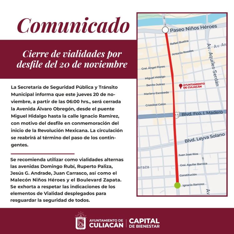 Cerrar&aacute;n la Obreg&oacute;n, en el tramo del puente Hidalgo al Zapata, por el Desfile del Aniversario 115 de la Revoluci&oacute;n Mexicana