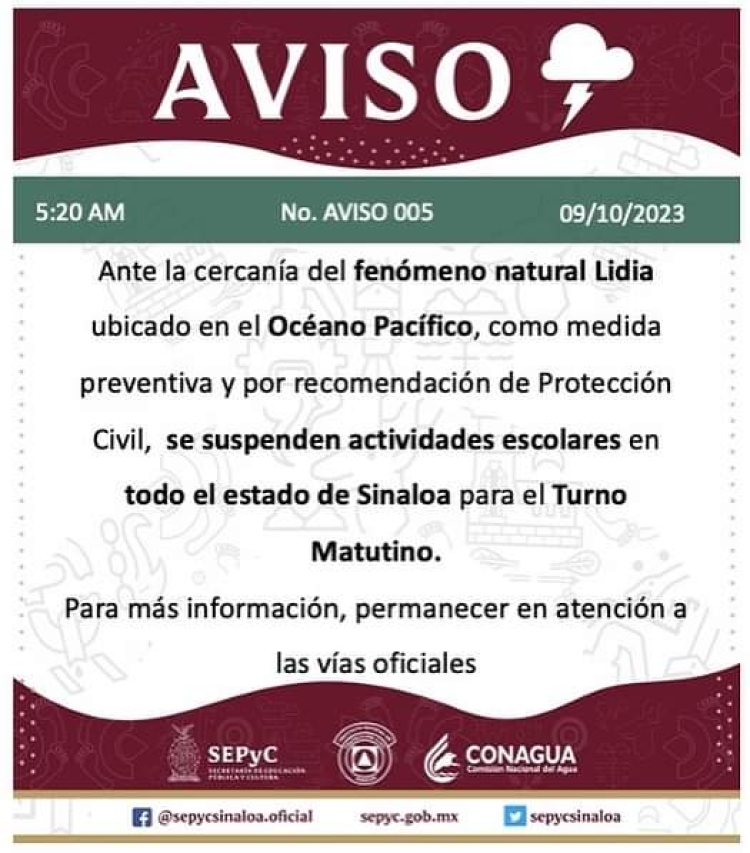 Tormenta Lidia se contin&uacute;a fortaleciendo; suspenden clases en todo Sinaloa