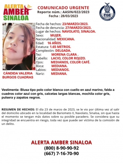 Alerta Amber para localizar a la jovencita C&aacute;ndida Valeria Burgos Cuadras