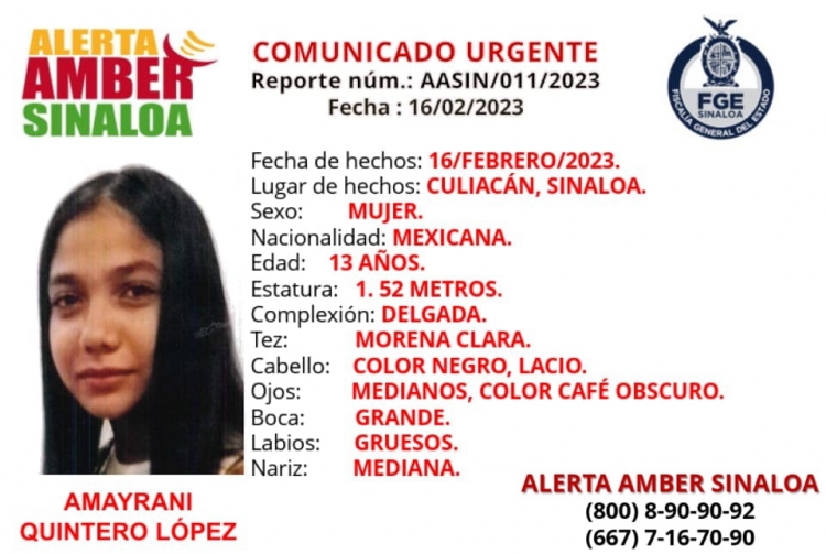 Buscan a Amayrani, de 13 a&ntilde;os, est&aacute; reportada desaparecida en Culiac&aacute;n