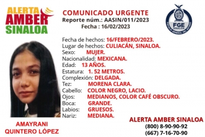 Buscan a Amayrani, de 13 a&ntilde;os, est&aacute; reportada desaparecida en Culiac&aacute;n