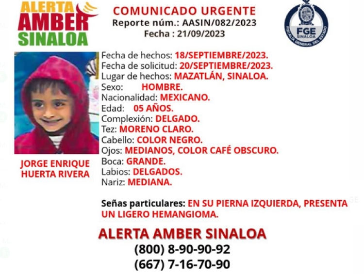 Buscan a Jorge Enrique, de 5 a&ntilde;os, en Mazatl&aacute;n; se lo llev&oacute; su pap&aacute;