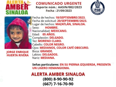 Buscan a Jorge Enrique, de 5 a&ntilde;os, en Mazatl&aacute;n; se lo llev&oacute; su pap&aacute;