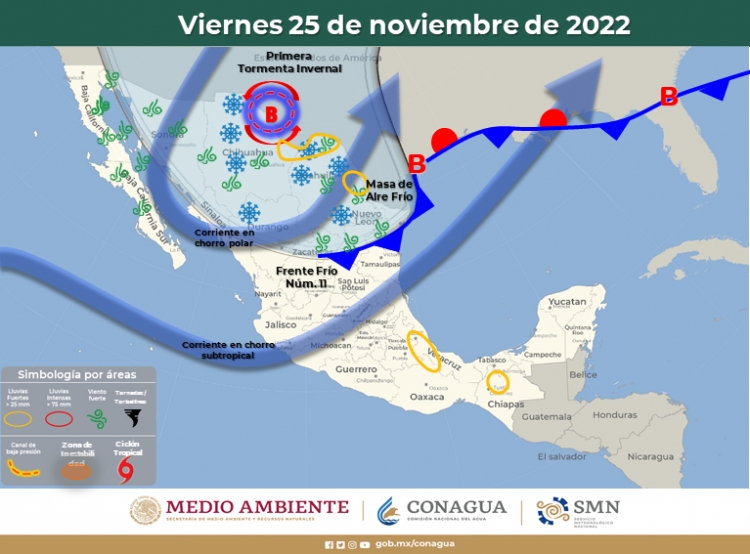 La primera tormenta invernal de la temporada se ubicar&aacute; sobre el norte de la Rep&uacute;blica Mexicana; se esperan nevadas o aguanieve en algunas zonas serranas