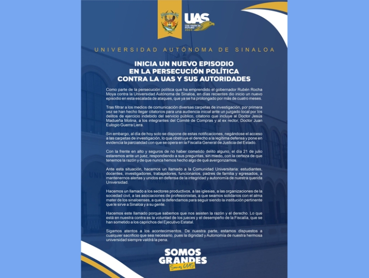 Anuncia Rector de la UAS que se presentar&aacute; ante el juez este 21 de julio en esta persecuci&oacute;n pol&iacute;tica