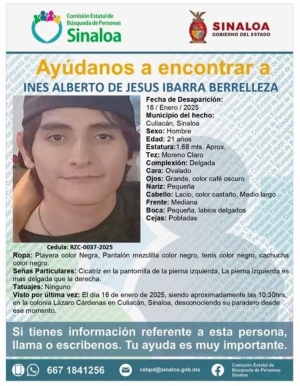 Ayuda a encontrarlo: In&eacute;s Alberto de Jes&uacute;s Ibarra Berrelleza, de 21 a&ntilde;os de edad, de Culiac&aacute;n