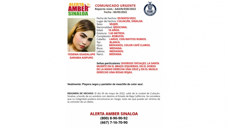 Se emite alerta Amber por desaparici&oacute;n de una mejor que viajaba de Culiac&aacute;n a Baja California