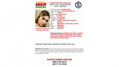 Se emite alerta Amber por desaparici&oacute;n de una mejor que viajaba de Culiac&aacute;n a Baja California