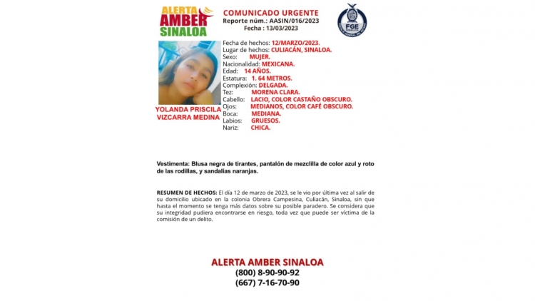 Se activ&oacute; la Alerta Amber para la localizaci&oacute;n de Yolanda Priscila de 14 a&ntilde;os de edad que desapareci&oacute; en Culiac&aacute;n