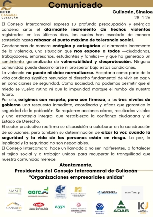 La violencia no puede normalizarse. La seguridad de la poblaci&oacute;n no es negociable: Intercamaral