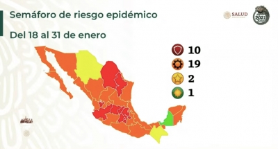 En el sem&aacute;foro por COVID-19: hay 10 estados en color rojo; Sinaloa regresa al color naranja