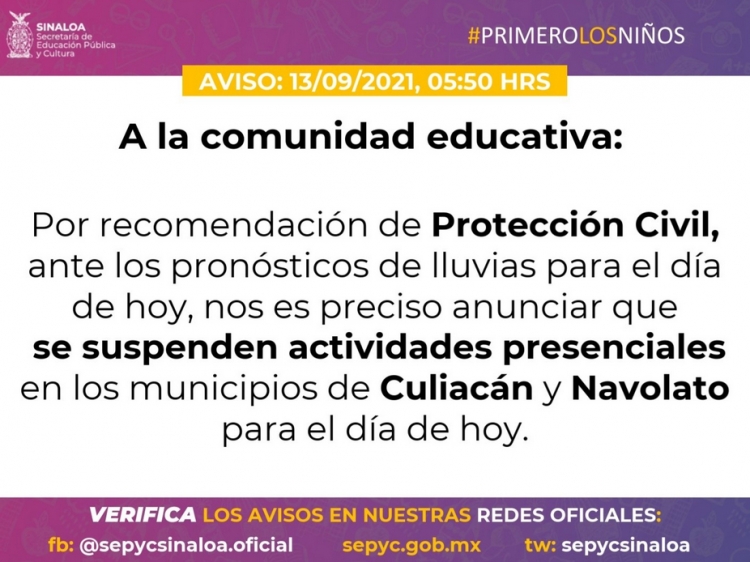 Se suspenden clases presenciales este lunes en Culiac&aacute;n y Navolato: SEPyC