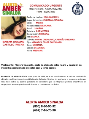 Desaparece jovencita Mariam Joseline en Culiac&aacute;n