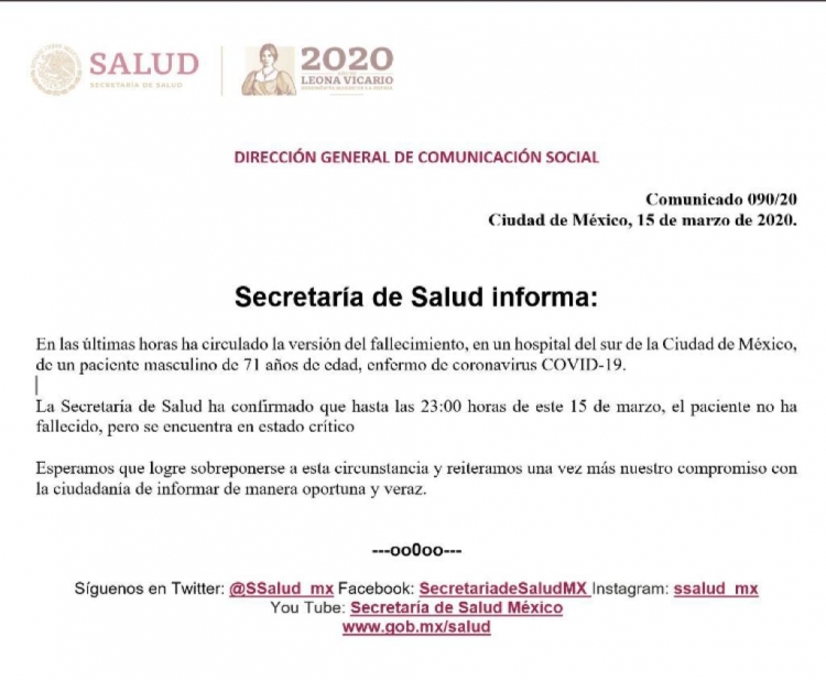 Desmiente SSA fallecimiento de paciente por coronavirus