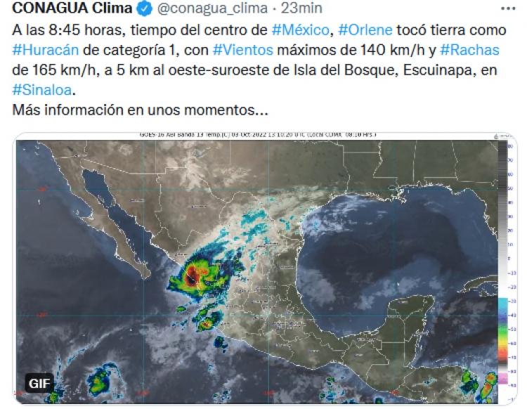 &ldquo;Orlene&rdquo; toc&oacute; tierra a las 7:45 horas en Escuinapa, Sinaloa esta ma&ntilde;ana