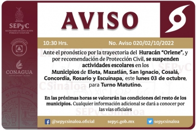 Suspen clases ma&ntilde;ana por "Orlene" en el sur de Sinaloa